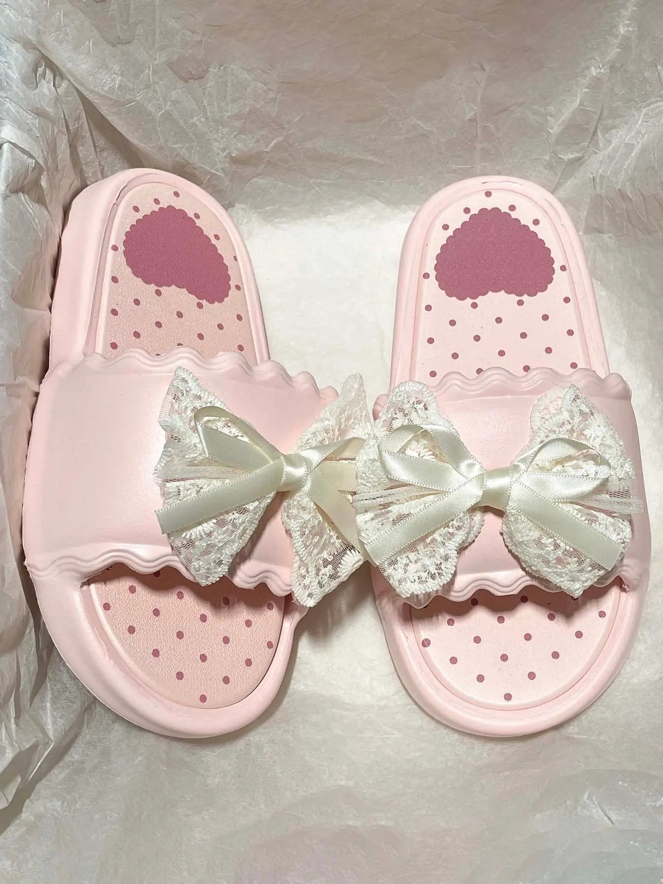 Sweet Girl Style Lace Bow Thick Sole Sandals, Bow Decorated Sandals, Polka Dot Heart Soft Bottom Flip Flops, Casual Beach Vacation Shoes, Trendy Slippers, Fashionable Sandals, Cute Bow Sandals