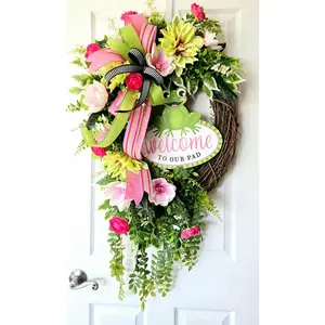 Spring Wreath - Welcome to Our Pad Frog Handmade Grapevine Wreath with Silk Flowers & Wooden Sign for Front Doors & Porches 24x40 Inches