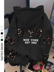 Women's Leopard Print Letter Graphic Hoodie, Casual Loose-Fit Sweatshirt with Drawstring Pockets for All Seasons, Trendy Daily Wear for Fall & Winter