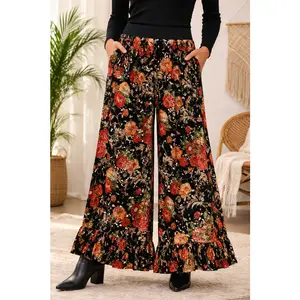 Umgee Velvet Floral Ruffle Hem Pants - Red Orange
