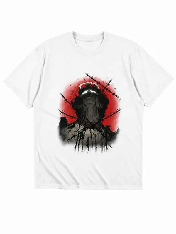 Women's Dark Surreal Barbed Wire Halo Portrait Graphic T-Shirt - Shadow, Cargo-Inspired, Short-Sleeve, Breathable, Gothic Grunge Ink Splash, Unisex Cotton Casual Alternative Punk Top, Shortsleeve