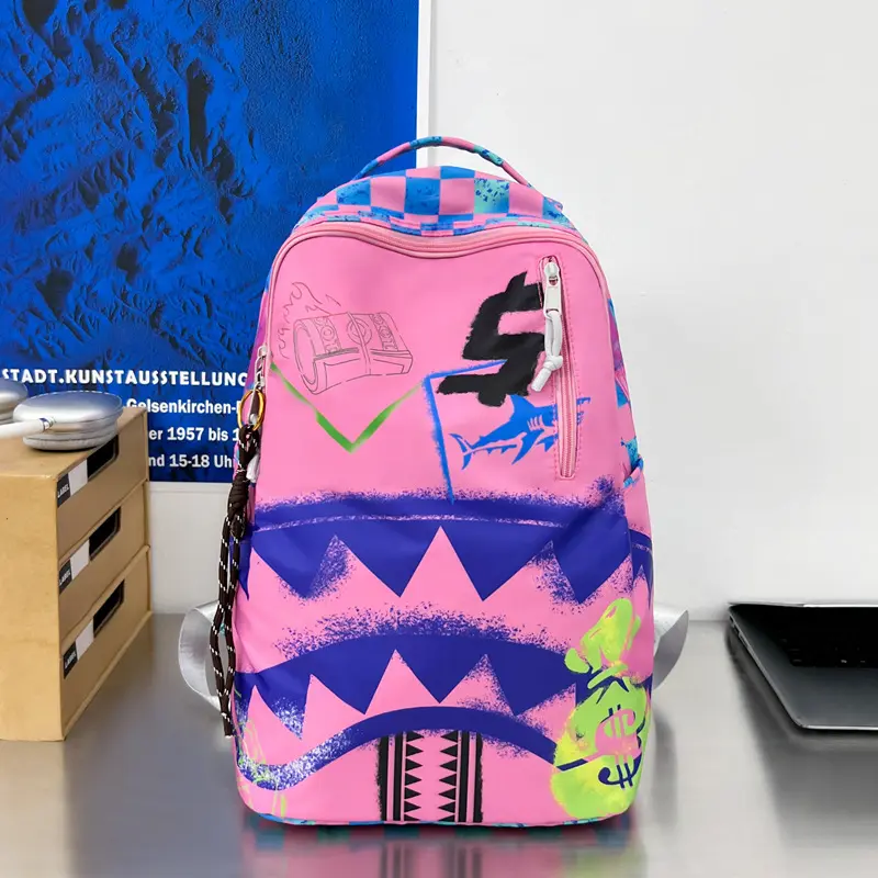 Sprayground Pink Base Graffiti Shark Teeth Money Print Backpack - Hype Streetwear Large-Capacity Oxford Fabric Laptop Backpack for Teenagers, Durable Fashion Bag for School & Daily Casual Use