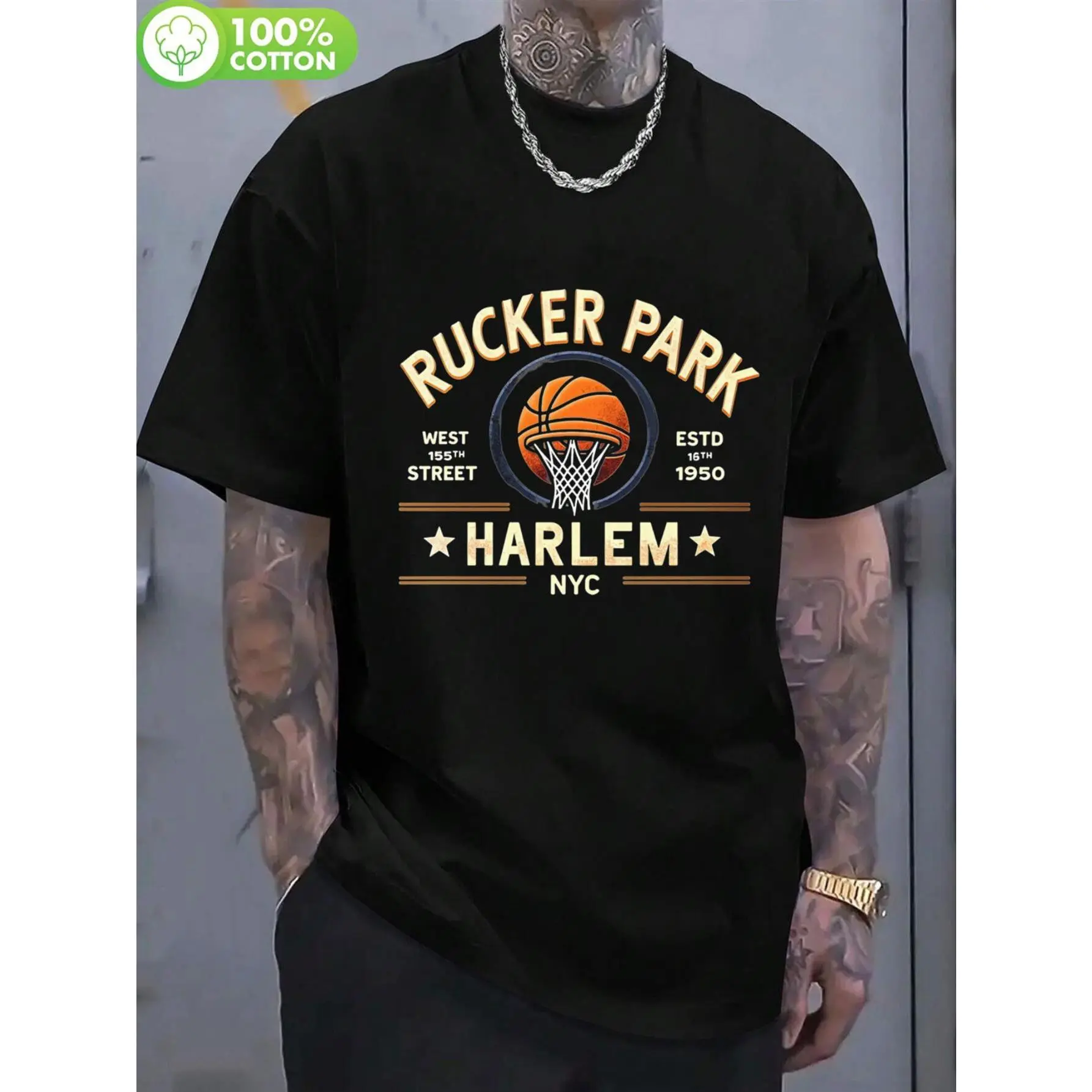 Men's Harlem NYC Rucker Park Basketball T-Shirt - Vintage 1950 Retro Streetwear Tee with Harlem & Rucker Park Graphics, Comfort Fit Cotton Shirt for Outdoor Sports & Casual Wear