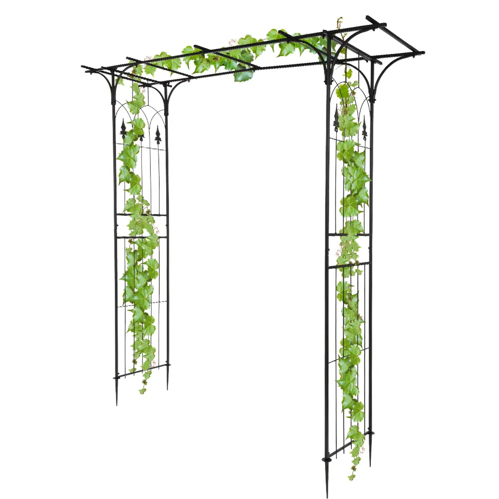 Flat Top Wrought Iron Garden Trellis, Rustproof Powder Coated Metal Garden Trellis Arch Arbor for Courtyard, Outdoor Wedding Decor, Black, Garden Trellises