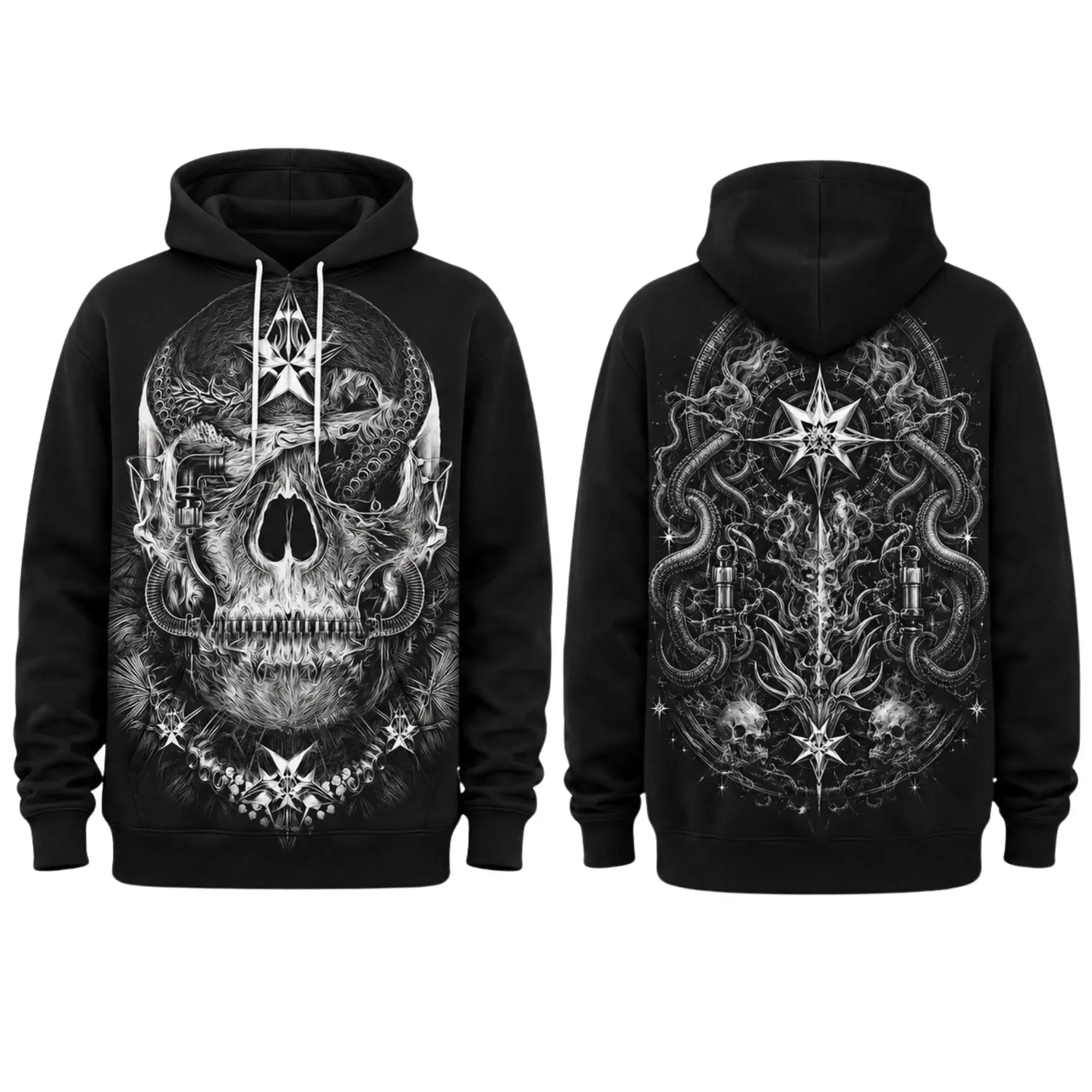 Dark Gothic Skull Hoodie, Occult Compass Pullover, Unisex Heavy Metal Streetwear Gift