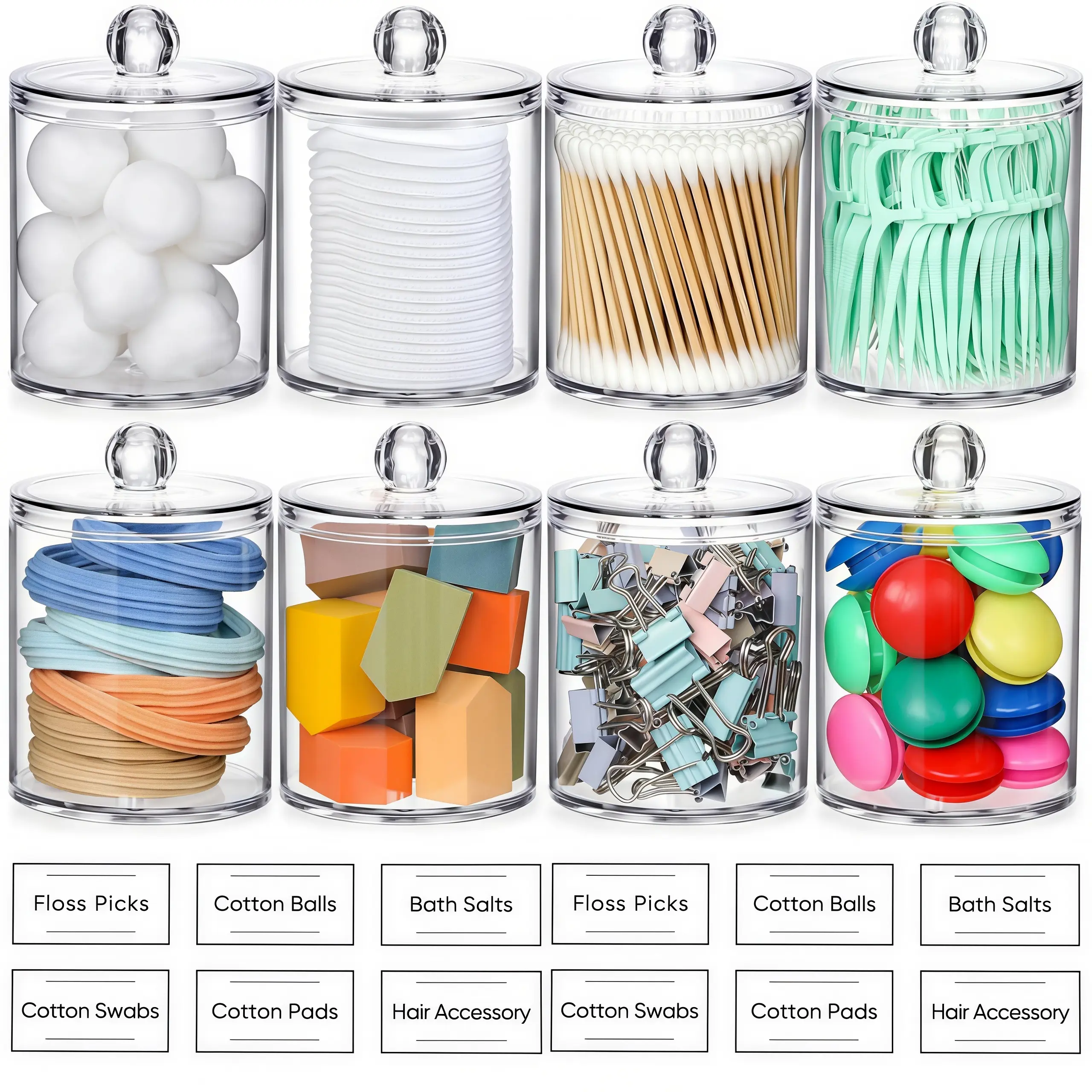 LMMAKE 8PCS 10oz Airtight Stackable Acrylic Qtip Holder Dispenser - Clear Plastic Apothecary Jar Set for Cotton Swabs, Balls, Pads, Floss Picks, Bathroom Accessories, Vanity Makeup Storage Organizer