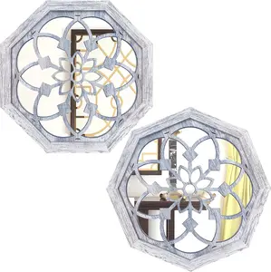 Set of 2 Rustic White Octagon Wall Mirrors, Vintage Farmhouse Decor for Bathroom, Bedroom, Foyer Decoration