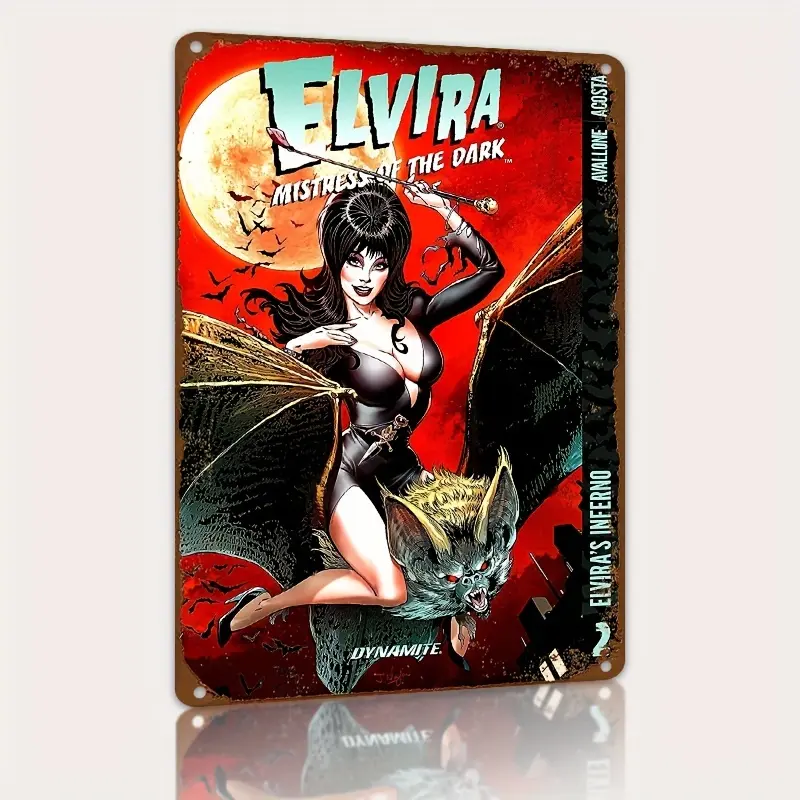 Elvira Mistress of the Dark Inspired Rectangular Vintage Metal Wall Sign - 8x12in Retro Horror Comedy Aluminum Print, Durable Weatherproof Easy-Install Home Decoration for Indoors, Bar