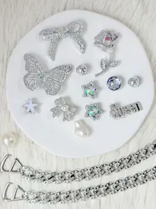 16 Piece Silver Color Sparkling Butterfly Shoe Charms, Metal Rhinestones Pearl Decorations, Light Luxury Queen Style Fits Hole Shoes