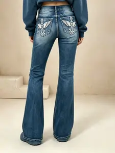 Women's Denim Jeans - Mid Rise, Stretchy, Slim Fit Bootcut with Feather Wings and Flower Embroidery