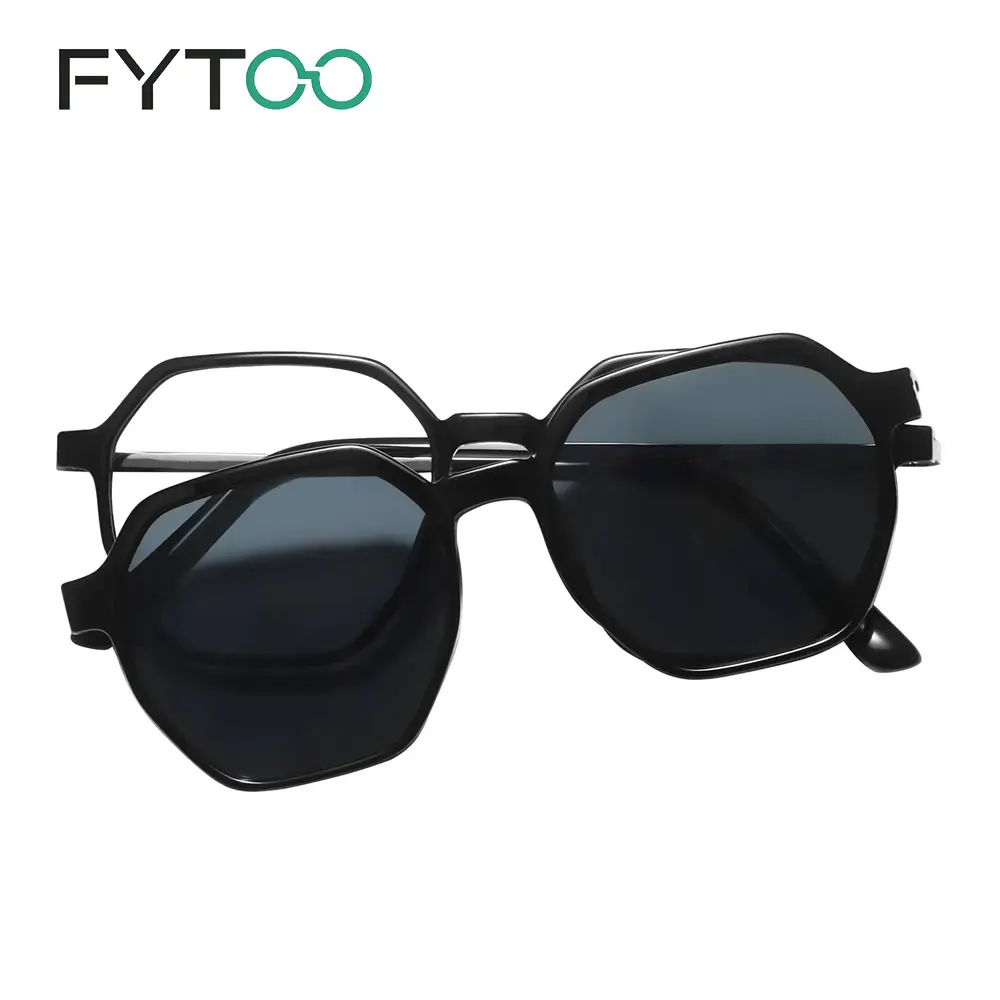 FYTOO Glossy Black Hexagonal Acetate Metal Temple Glasses, Minimalist Geometric Square Eyeglasses