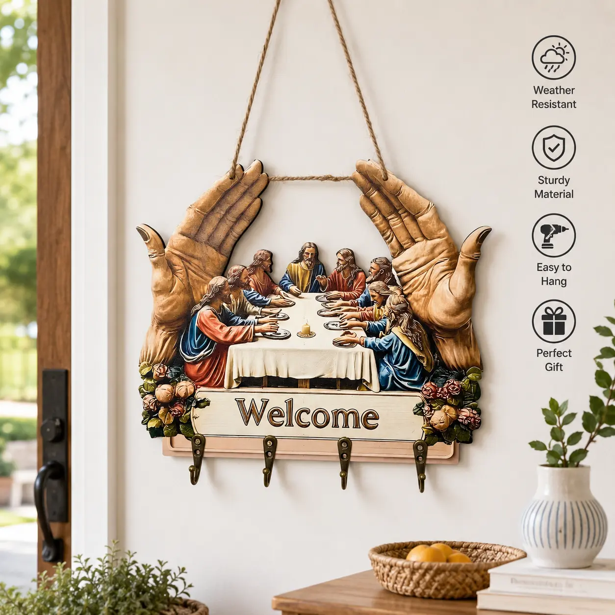 Christian Welcome Key Holder Wall Decor with 4 Hooks, Last Supper Religious Key Rack Organizer, Inspirational Entryway Hanging Decor Gift for Home, Family & Faith Lovers