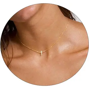 Dainty Cross Necklace for Women 14K Gold plated Cute Faith Cross Necklace Sideways Diamond Layered Cross Necklace Simple Gold Necklace