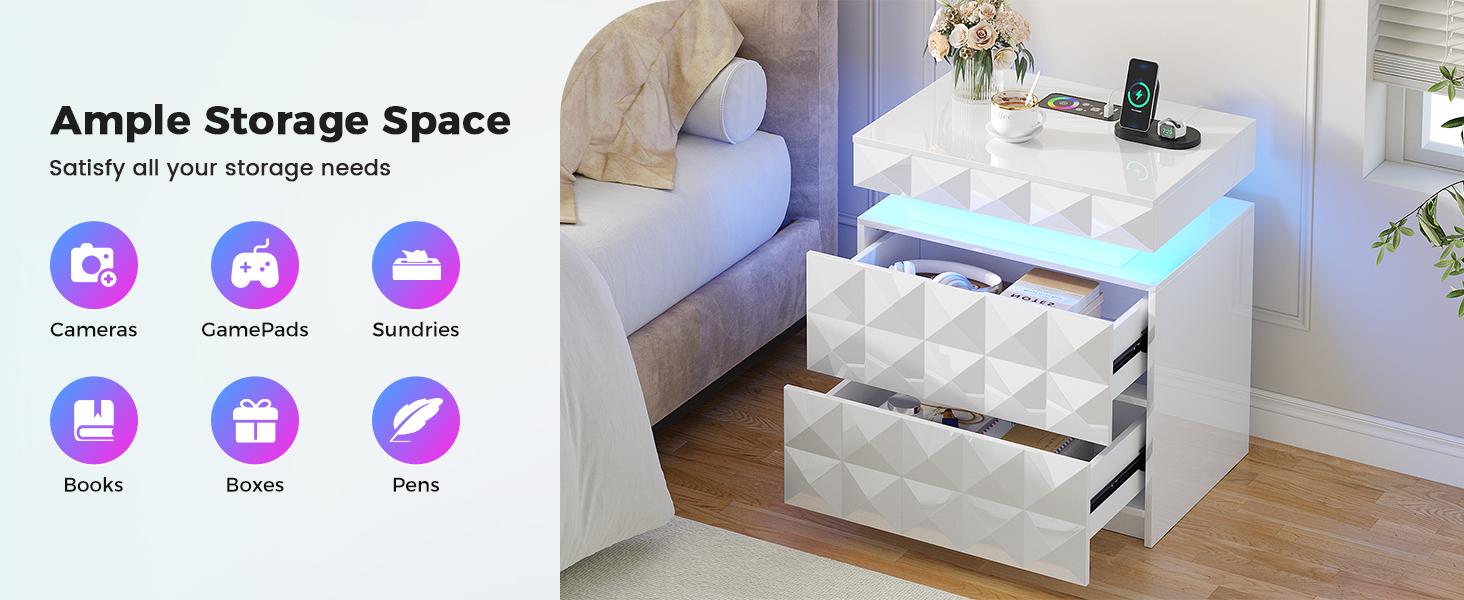 Dystler LED Nightstand Set of 2 with Charging Station,3 Drawers Night Stand with Lockable Hidden Storage,Smart Bedside Table with Human Sensor RGB Lights for Bedroom,white Dystler LED Nightstand Set of 2 with Charging Station,3 Drawers Night Stand with Lockable Hidden Storage,Smart Bedside Table with Human Sensor RGB Lights for Bedroom,white