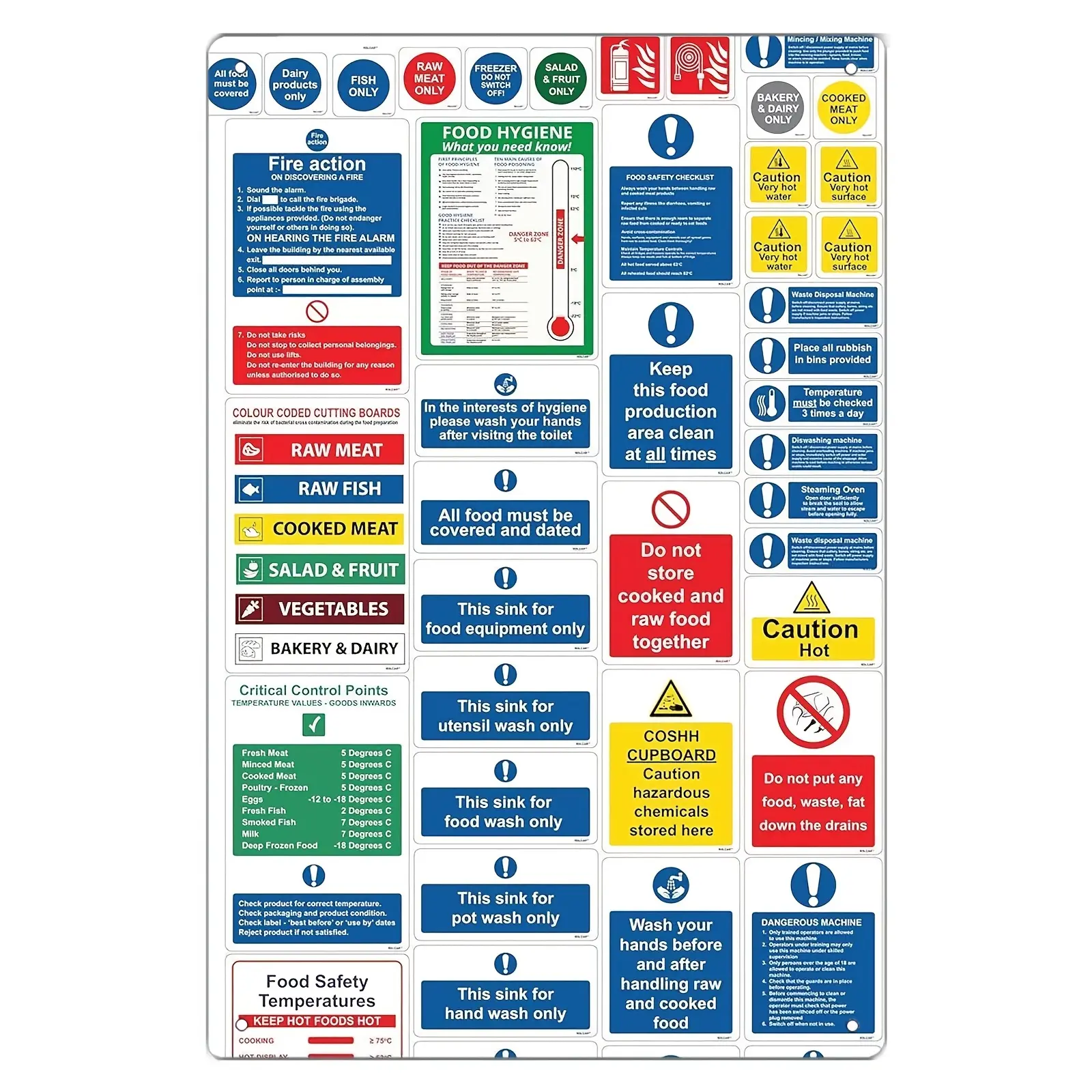 Kitchen Safety Sign Set, Laminated Self-Adhesive Metal Signs, Includes Allergen, COSHH, Colored Chopping & Fire Action Labels, Universal Holiday Use, with No Electricity Required, for 20x30cm/8x12inch