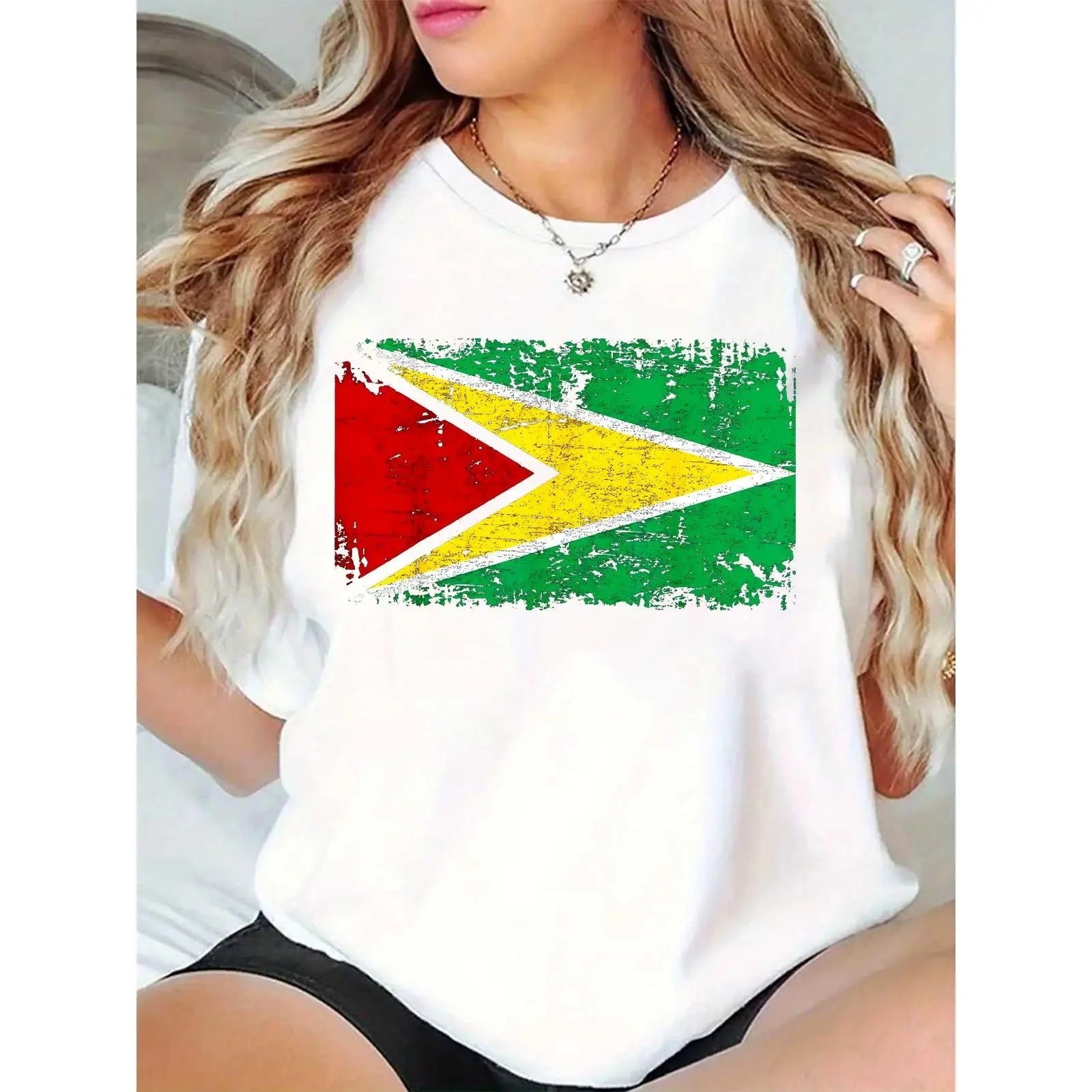 Women's Cotton Distressed Guyana Flag Print T-Shirt - Regular Fit, Round Neck, Short Sleeve, Breathable Elegant Essential Casual Top for Guyanese Pride, Daily Wear