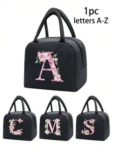 Insulated Lunch Cooler Bag for Kids and Teens, Floral Alphabet Design Canvas Tote for School and Picnic, Lightweight and Portable Food Carrier, Lunch Box Bag, Durable Lunch Bag