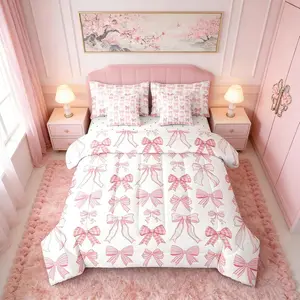 7pcs Pink Bow Comforter Set,Cute Bowknot Bedding Set for Kids Girls Teens Women Room Decor,Kawaii Bow Knot Bed in a Bag with Sheets,All Season Dreamy Princess Style Bed Set
