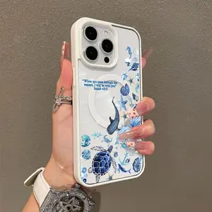 Trendy Magnetic Case for iPhone11/12/13/14/15/16/17/promax Blue Whale Shark Scripture MagSafe Ready, Ultra Thin & Shockproof |   Cute Pick for Girls