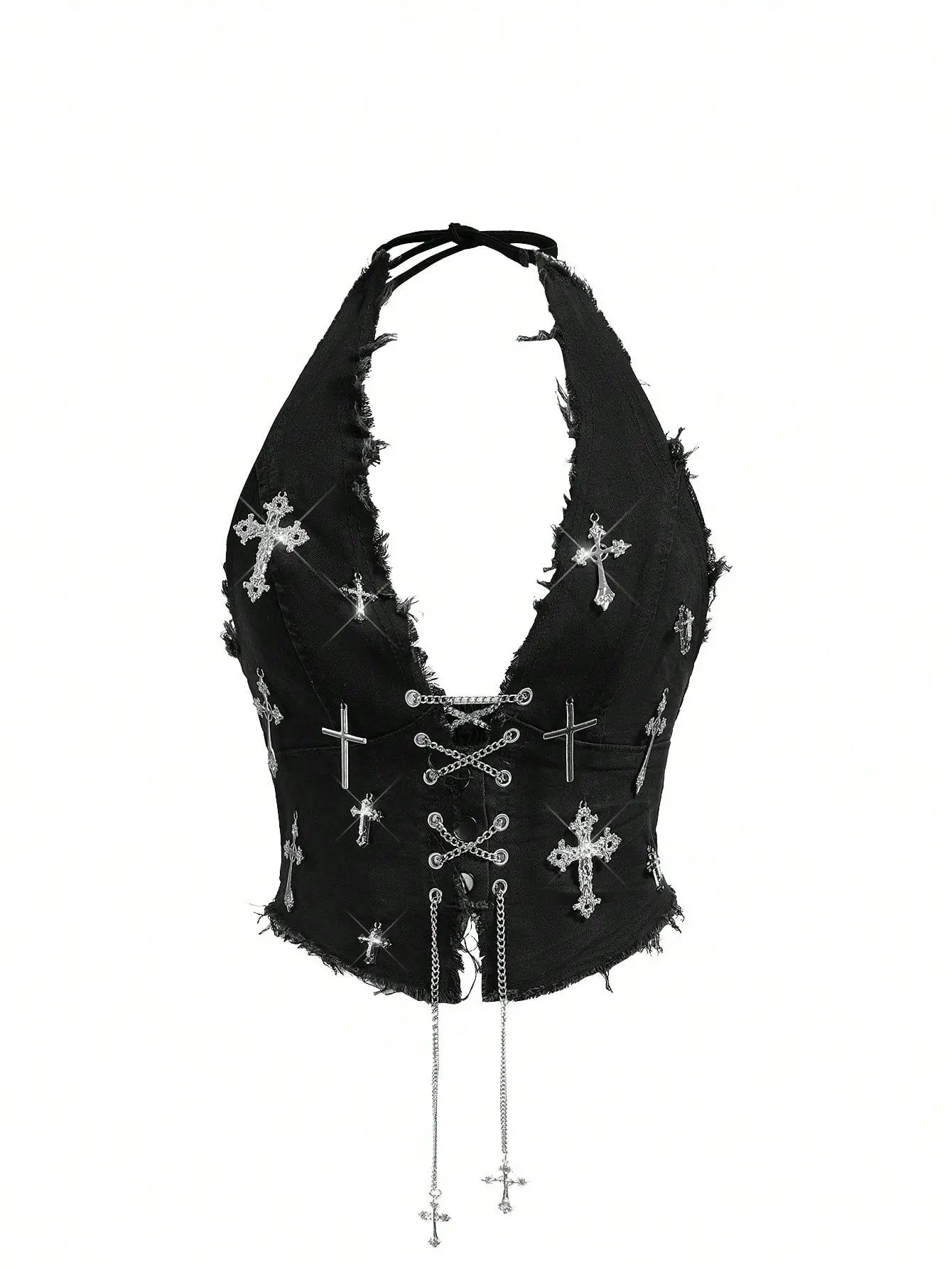 SM&Co. Women's Vintage Dark Gothic Cross Pendant Sexy Plus Size Denim Blouse Grunge Aesthetic Y2K Fashion Egirl Button Down Top Streetwear