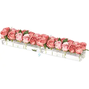 Acrylic Flower Vase Set - 2 Pieces Rectangular Clear Floral Centerpiece for Dining Table, 28 Inch Long, Ideal for Home Wedding Decor
