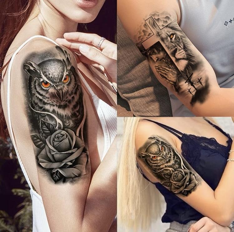 76 Sheets Large-Size Black TemporaryTattoos Stickers,Forearm DesignsFeaturing Tribal Wolf, Tiger, Lion, Owl,Skeleton Skull, Temp Halloween FakeTattoo Stickers, Rose, and Animals Sensitive