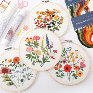 4 Sets Embroidery Kit for Beginners with Stitch Video, Flower  Stitch Kits for Adults, Starter, Hand Craft Lover Practice with Floral Stamped , 2 Hoops, 16 , , Tools