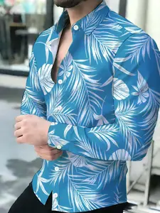 Summer Men's Blue White Tropical Leaf Print Pattern Long Sleeve Shirt