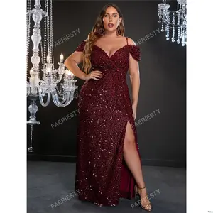 Shoulder Plus Off Split Thigh Sequin Formal Dress