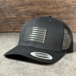 Black American Flag Hat, Leather Patch Hat, Tactical Trucker Cap, Patriotic Snapback Hat, Yupoong 6606 Hat, Laser Engraved Patch Cap