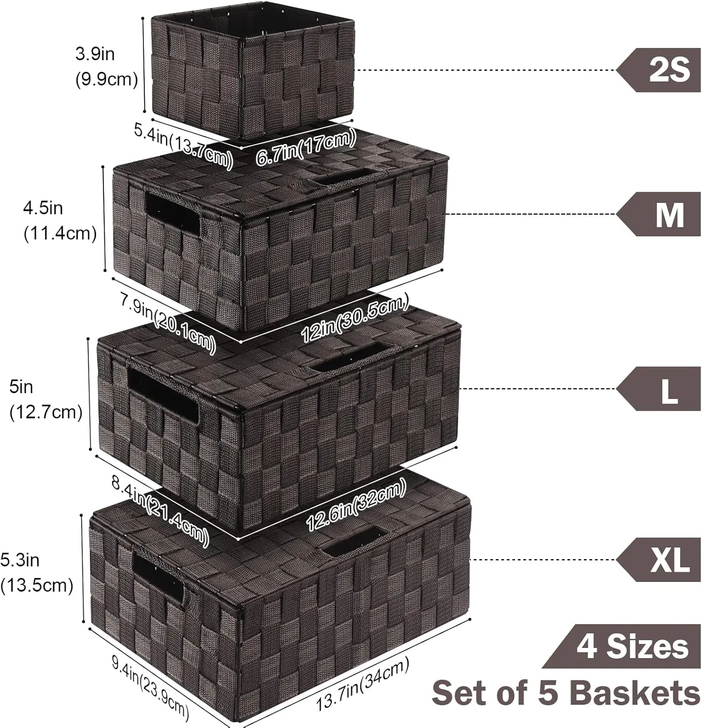 Baskets with Lids: 5 Pack Stackable Woven Bins, Brown| Decorative Woven Baskets for Organizing with-In Handles for Shelves, Closets, Cabinets and Cubbies, Gift Small Basket