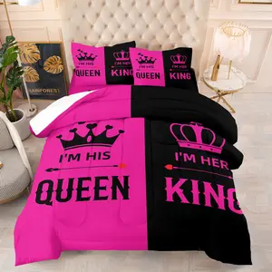 King & Queen Theme Comforter Set, Includes Filled Comforter and Pillowcase(s), Crown Design Warm Twin Bedding, Sweet Bedroom Decor