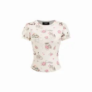 Cider Cat & Floral Graphic Jacquard Puff Sleeve Tee