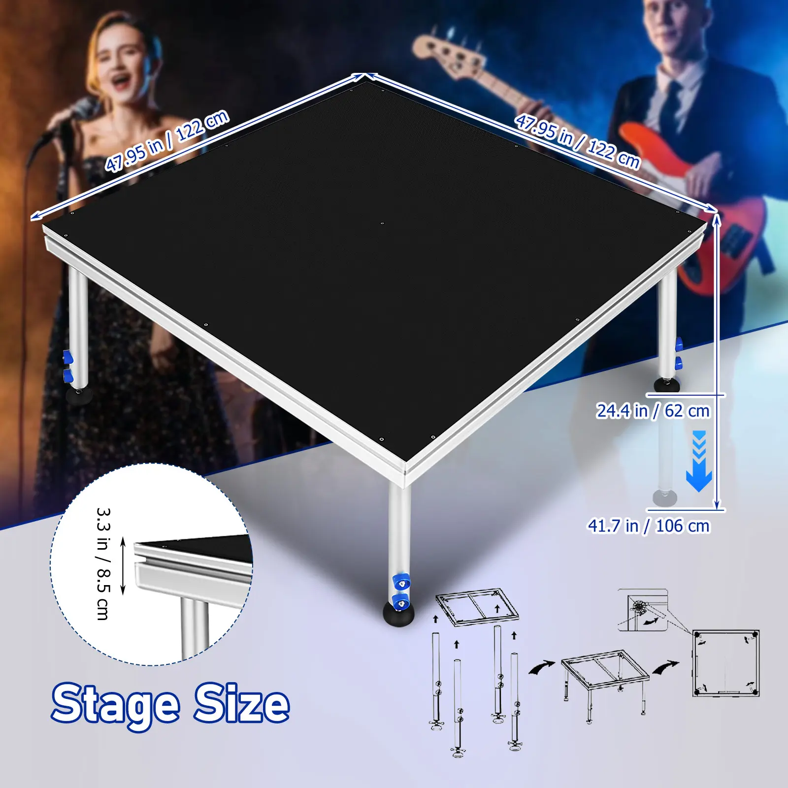 4ft x 4ft Heavy-Duty Portable Stage Riser, Aluminum Alloy Frame Performance Platform with Non-Slip Surface, Height-Adjustable (24"-40"), High Load Capacity, Quick Setup, Foldable Legs for Drum Sets, Concerts