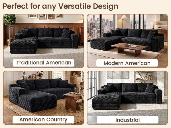 NordFun Couch 96"L-Shaped Sectional Boneless Couch with Pocket, Plush Corduroy Fabric Sofa with Deep-Seat, Modern Upholstered Couches for Living Room, No Assembly Required