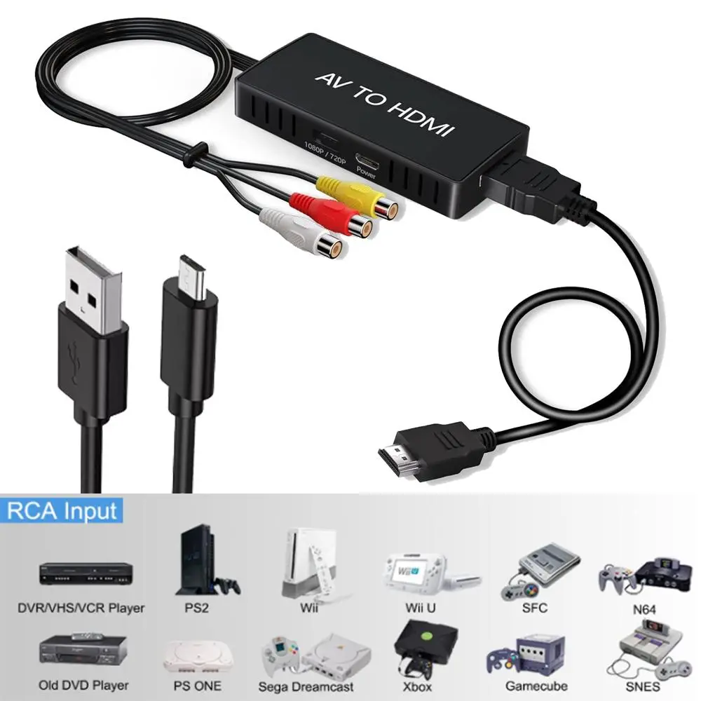 RCA to HDMI Converter, Analog to Digital Adapter with 1080P/720P Signal Switching and Audio Sync, No Quality Loss HDMI Output for Home Entertainment Systems like PS2, Wii, N64, VCR