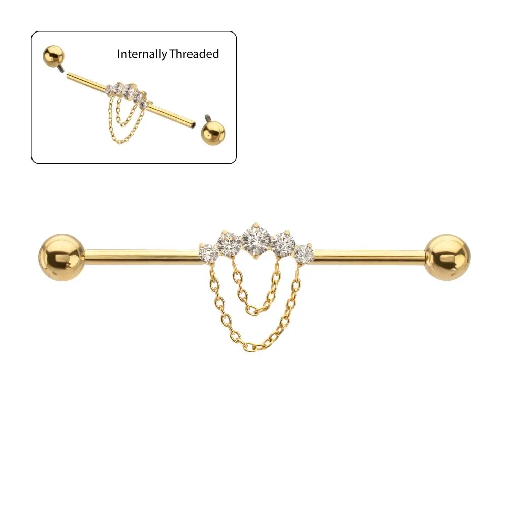 Female 14g Internally Threaded Coated Metal Industrial Barbell - 24Kt Gold PVD Titanium Scaffold Jewelry with Cute Cubic Zirconia Gem Cluster, 5 Chain Dangles & Geometric Design for Daily Wear