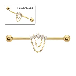 14g Industrial Barbell, 24Kt Gold PVD Titanium Industrial Piercing, CZ Gem Cluster with 5 Chain Dangle, Internally Threaded Scaffold Jewelry