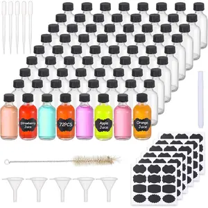 72, 2Oz Small Clear Glass Bottles with Lids Boston round Sample Bottles for Essential Oil Vanilla Hot Sauce Juice Whiskey Bourbon Liquid Come with 5 Funnels,5 Droppers,72 Labels,1Brush&Chalk Marker VEIDIA