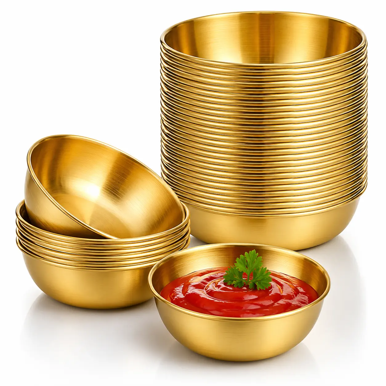 50 Pack Gold Stainless Steel Sauce Bowls, 3.2 Inch Mini Condiment Cups, Reusable Dipping Bowls, Dessert Ramekins, Snack Bowls for BBQ, Restaurant & Home