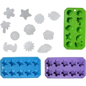 Set of 3 Flexible Shaped Ice Cube Trays. Sun, Star, Flower, Tree and Sealife. Fun Party Combo, Silver