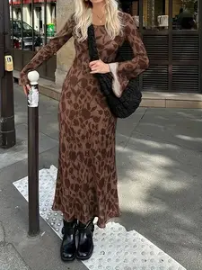 Women's Floral Print Flounce Sleeve V Neck Dress, Vintage Long Sleeve A Line Long Dress for Spring & Fall, Ladies Clothes for Daily Wear