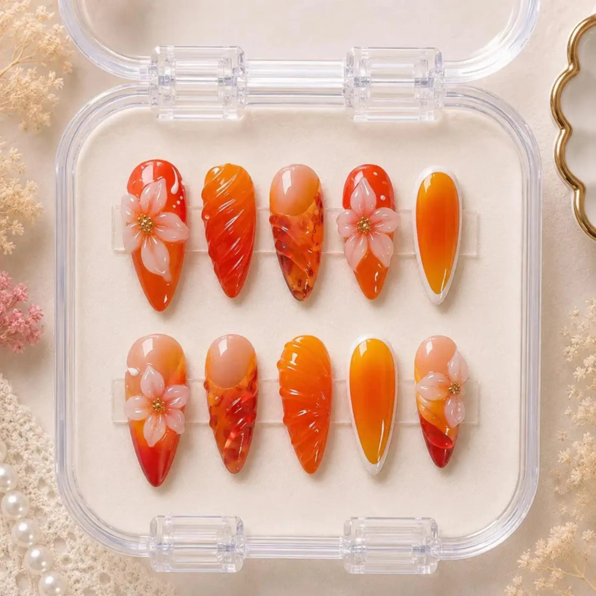 Orange Sunset Floral Press On Nails, Tropical Flower Nails, Summer Ombre Nails, 3D Flower Nail Set, Beach Vacation Nails