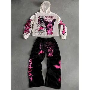 Pink Angel Print Hoodie and Sweatpants Set, Perfect for Streetwear and Y2K Fashion