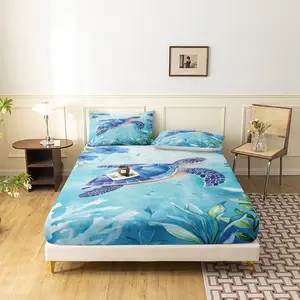 3Pcs Blue Sea Turtle Ocean Fitted Sheet Bedding Set Watercolor Underwater World Print Bed Sheet, Tropical Marine Life Aesthetic Soft Microfiber Bedroom Summer Bedding Kit