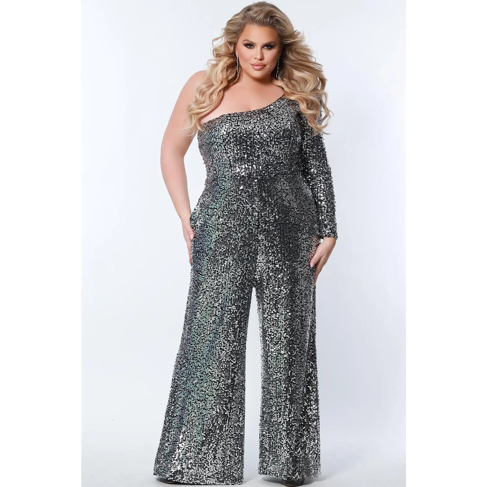 Mirror Ball Plus Size One-Shoulder Sequin Jumpsuit