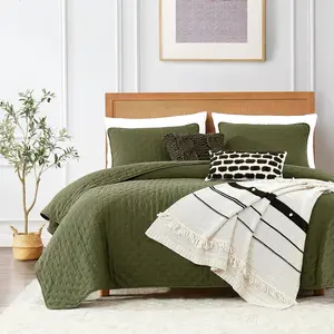 Olive Green Cloud Twin Size Quilt Bedding Sets with Pillow Sham, Farmhouse Lightweight Soft Bedspread Coverlet, All Season Rustic Country Thin Comforter, 2 Pieces, 68x90 inches