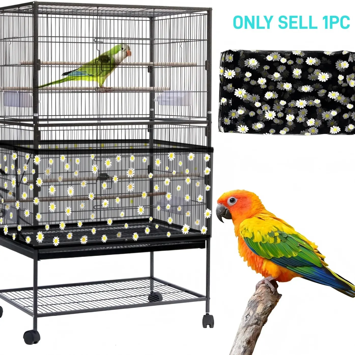 Adjustable Drawstring Birdcage Mesh Cover, Universal Fit Anti-Splash Food Splash Proof Net, Dustproof Breathable Cage Protector for Small Medium Birds, Bird Cage Accessory