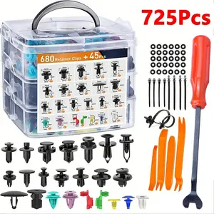 725pcs Auto Fastener Clips Car Body Push Retainer Pin Rivet Bumper Door Trim Panel Retainer Fastener Kit Auto Removal Tool,Comprehensive automotive fastener and tool kit suitable for bumper assembly, maintenance, and installation
