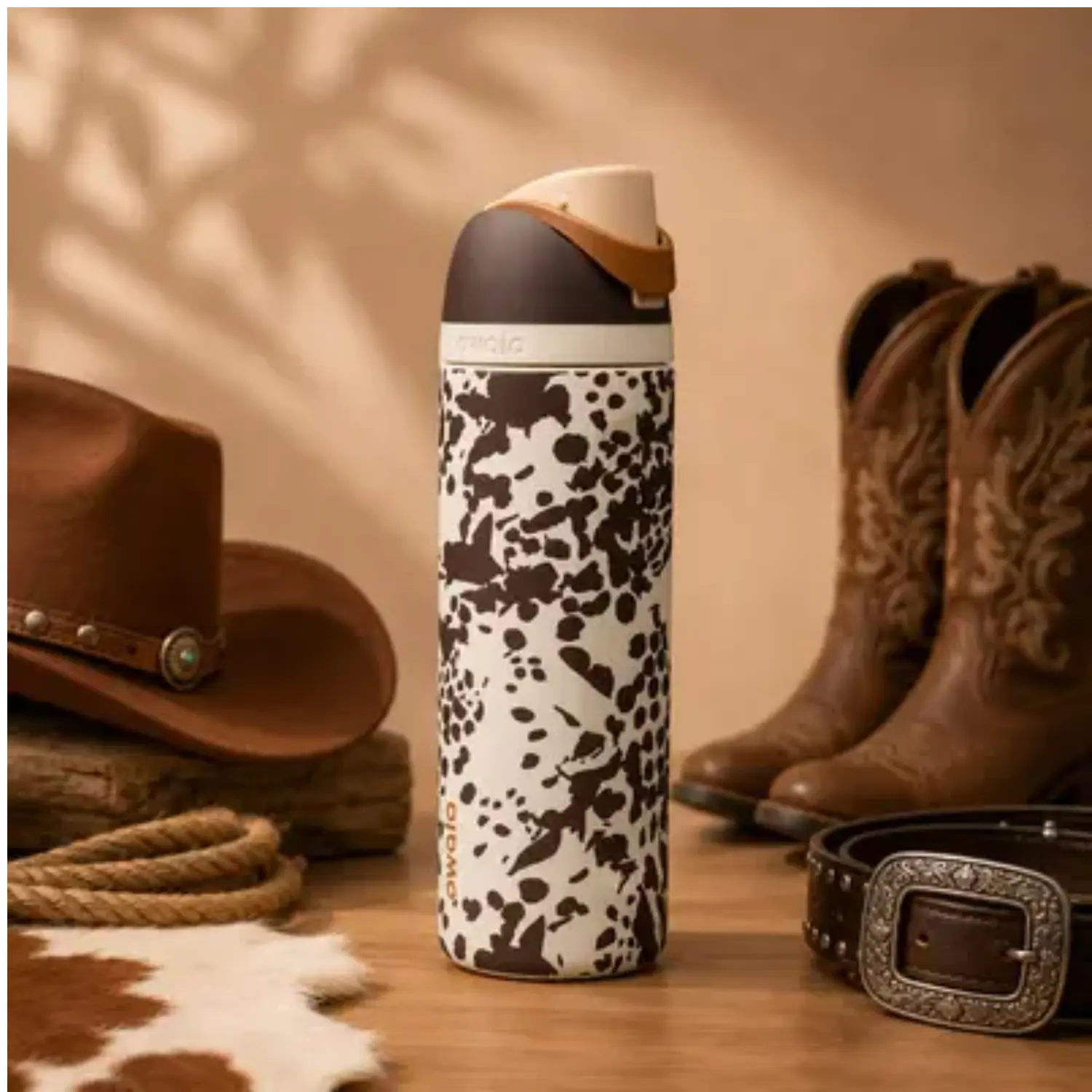 Owala Brown Cow Print Water Bottle – Western Cowhide Pattern Bottle with Carry Loop for School and Travel